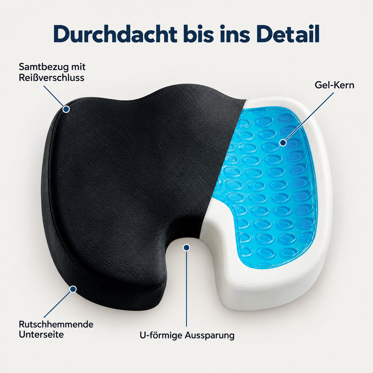 Sitzkissen von oben mit U-förmiger Aussparung, Gel-Kern und Samtbezug